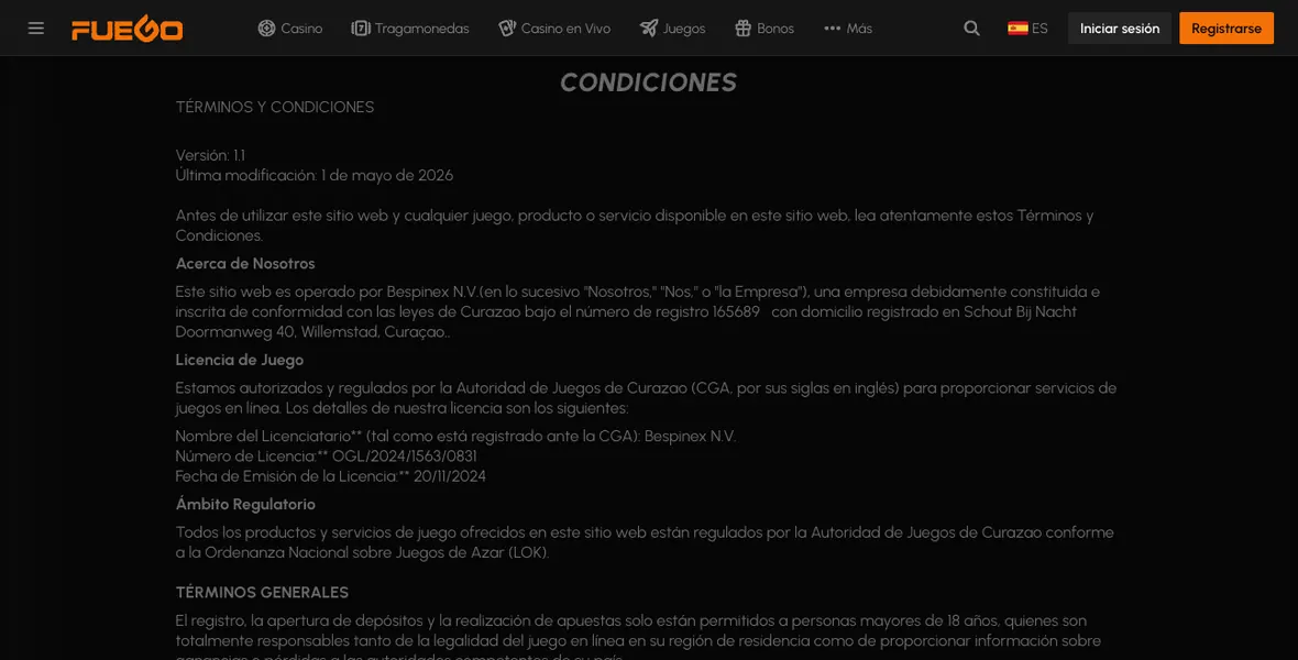 Términos y condiciones de Fuego Casino en la sección de depósitos, retiros y comisiones