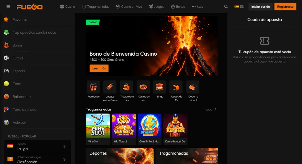 Lobby de Fuego Casino con el banner del paquete de bienvenida y las primeras filas de tragamonedas