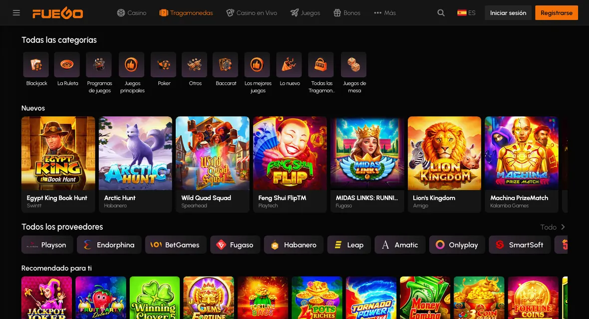 Muro de tragamonedas de Fuego Casino con las portadas de los juegos y el nombre del estudio debajo