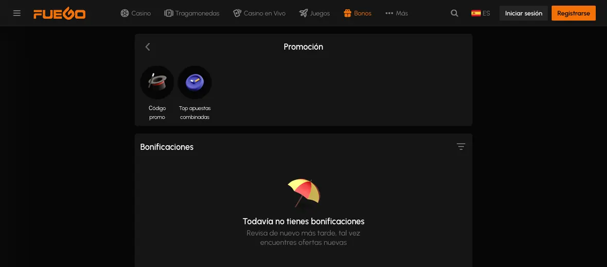 Panel de promociones de Fuego Casino sin sesión iniciada, con el campo de código promo y el listado vacío