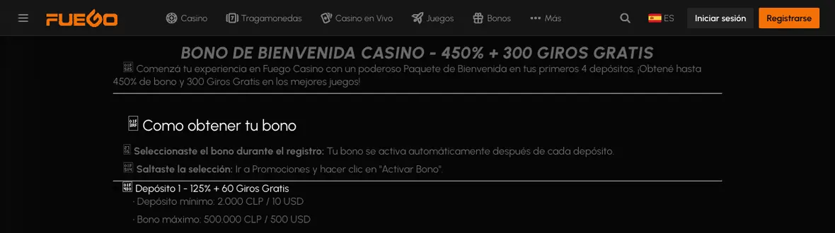 Encabezado de la página oficial del paquete de bienvenida de Fuego Casino con el 450% y los 300 giros gratis